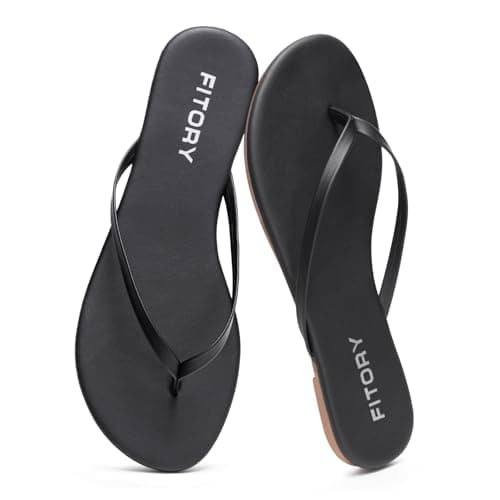 FITORY Women's Leather Flip Flops, Beach Thong Sandals Matte Black Size 7