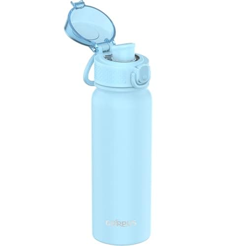 GOPPUS 600ml/20oz Insulated Water Bottle with Spout Lid (No Straw) Leakproof Stainless Steel Sports Bottle with One Hand Open Lid Double Wall Flask with Handle Keeps Drinks Cold BPA Free (Sky Blue)