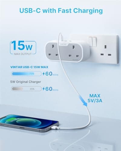 VINTAR Double Plug Adapter, Plug Extension Socket with 2 USB 1 USB C Ports — view 3