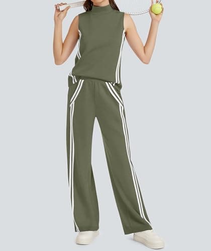 Casly Lamiit Womens 2 Piece Lounge Set Stripes Travel Outfits Sweatsuit Mock Neck Tank Top Wide Leg Pants Casual Activewear, Olive Green, XL — view 2