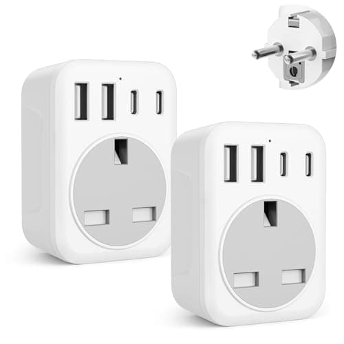 2 Pack UK To European Plug Adapter, 5 IN 1 European Travel Adaptor with 2 USB C & 2 USB A, EU Plug Adapter for Germany Spain France Turkey Greece etc (Type E/F)