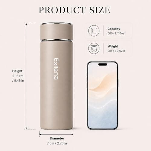 【Upgraded】 Exllena Small 500ml Water Bottle for Handbag – Small Flask for Hot & Cold Drinks, Perfect Small Insulated Water Bottle for Travel, Milk, Coffee...(Brown) — view 2