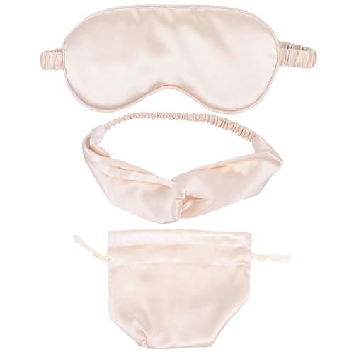 GATHINESS Silk with Headband and Storage Bag Sleep Eye Mask Blindfold Set for Stress Relief and Comfortable Night Sleeping, Beige Travel Sleep Mask Gift