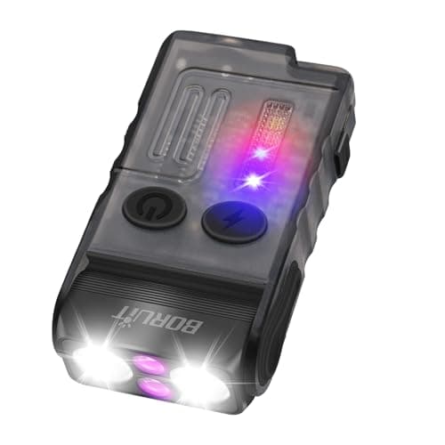 BORUIT V20 Small Torch Led Super Bright 1000 Lumen with 365nm UV Light, 180° Swivels Mini Torches USB C Rechargeable, 13 Modes Keyring Flashlight with Magnetic, Pocket Clip, 110dB Buzzer(Black)