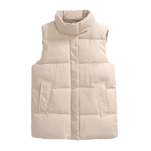 Cocila Womens Gilet Bodywarmer Puffer Vest Quilted Hooded Vests Button Down Sleeveless Casual Zip Up Padded Winter Coat (Beige, L) Navy Fleece Cream Women Cotton Thermal Tops Coats For Red Golf — view 3