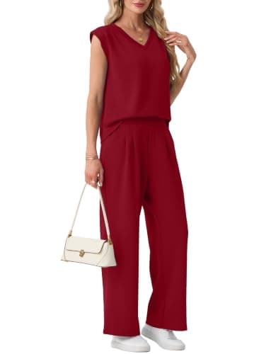GRECERELLE Two Piece Outfits Women Summer Sleeveless Lounge Wear Sets for Women UK With Elastic Waisted Wide Leg Trouser and Top with Shoulder Pads (Wine Red, L) — view 5