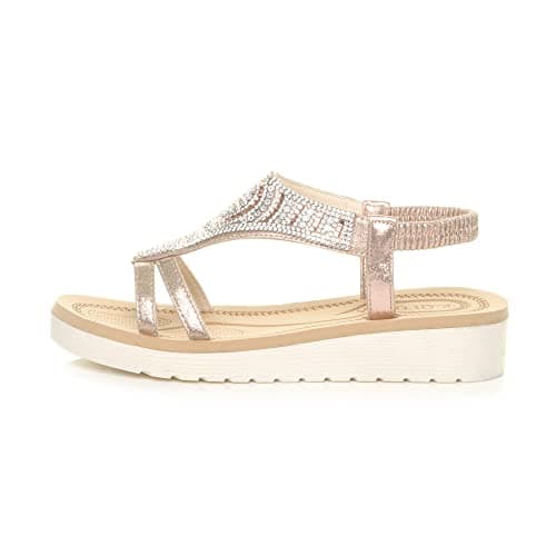 Ajvani Womens Ladies Low Wedge Heel Flatform Diamante t-bar Slingback Sandals - Rose Gold - 7 UK — view 4