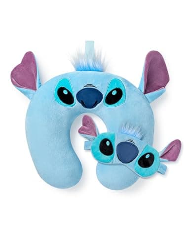 Disney Lilo & Stitch Travel Pillow & Eye Mask Set | Blue Furry Neck Pillow & Sleepwear Eye Cover for Ladies & Girls | Matching Travel Set with 3D Ears for Adults & Teens | Ohana Movie Merchandise Gift