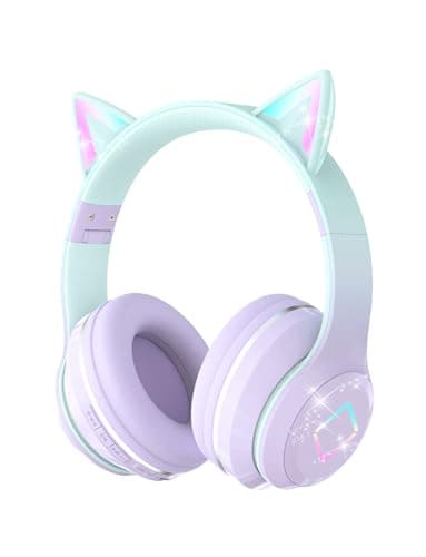 Bluetooth Kids Headphones,Cat Ear LED Light Up Kids Wireless Headphones,Bluetooth 5.1&Stereo Sound,Foldable,Adjustable Headband,Children Headphone with Microphone Over Ear for School/Tablet (Purple)