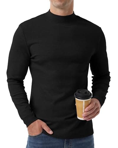 QIXING Men's Thermal Top, Long Sleeve Mock Neck Cotton Base Layer, Black, L — view 2