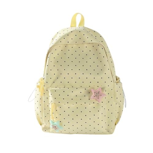 FUNLOV Lightweight Backpack for Teen Girls, Women Kawaii Polka Dot Bookback for School, Large Laptop Backpack Fits 13Inch Notebook, Fashion Dayback with Star Pins (Yellow)