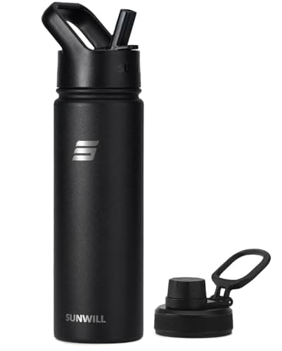 SUNWILL Metal Water Bottle with Straw Stainless Steel, 650ml Insulated Leakproof Thermal Flask for Cold and Hot Drink, Travel, Sports, Gym, Black