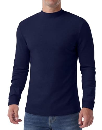QIXING Men's Thermal Top, Long Sleeve Mock Neck Cotton Base, Navy Blue, S — view 5