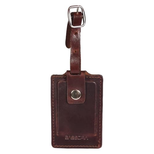 Sassora Genuine Leather Luggage Tag for Suitcases & Bags | Name ID Card Holder with Secure Buckle Strap & Privacy Flap | Travel Identifier for Men & Women (Dark Brown)