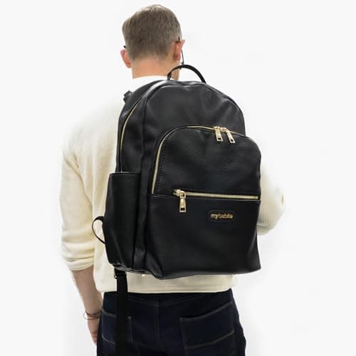 My Babiie Backpack Pro Changing Bag - 2 Insulated Bottle Holders, Clutch Bag, Portable Changing Mat, Stroller Clips, Baby Travel Bag, Nappy Back Pack, Vegan Leather - Black & Gold — view 6