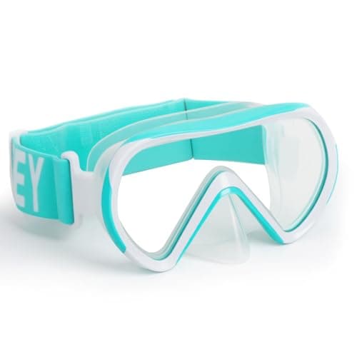 HIKOTEY Kids Snorkel Mask with Elastic Fabric Strap,180°Panoramic View Diving Mask With Tempered Glass Lenses,Anti-fog, Anti-leak Technology, Swimming Goggles Kids with Nose Cover for Age 4-16 Years