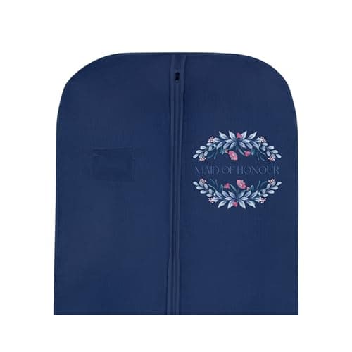 Bridal Gown Garment Bag - Printed Wedding Dress Bag | Long Dress Covers for Bride & Bridesmaids | Breathable Clothes Bag for Storage & Travel (Maid of Honour's Logo On Navy Bag)