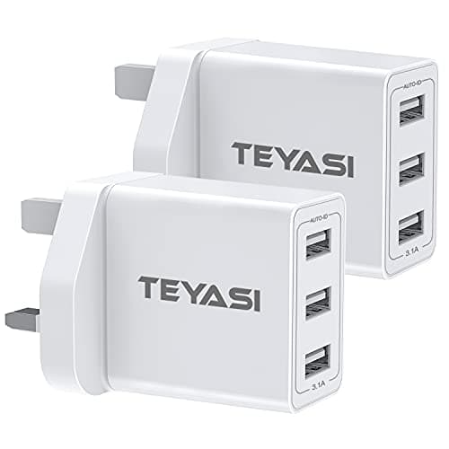 2Pack USB Plug Adaptor UK, Multi USB Charger Plug UK 3Port 3 Pin Wall Charger, Multiple Mains Charge Power Adapter Fast Charging for iPhone 14 13 12 11 10 XS Max XR X 8 7 6
