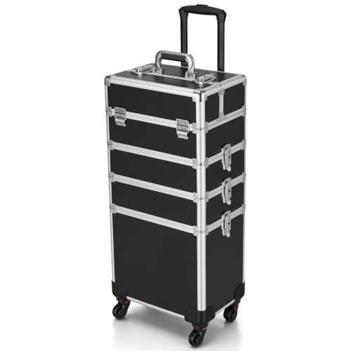 4-in-1 Rolling Makeup Train Case on Wheels, Large Cosmetic Organizer Trolley with 360° Silent Brake Wheels & Reinforced Metal Latches, Cosmetology Travel Case for Salon Nail Artist Hairstylist
