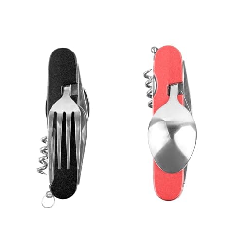 FUZVOL Folding Camping Cutlery Set Stainless Steel Portable Utensil 6 in 1 Multitool Outdoor Tableware for Travel, Hiking, Picnic (2 Pack), Black+Red