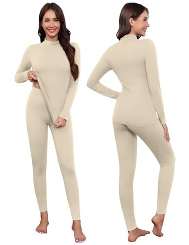 Ekouaer Womens Thermal Underwear Set Base Layer Underlayer, Beige, M