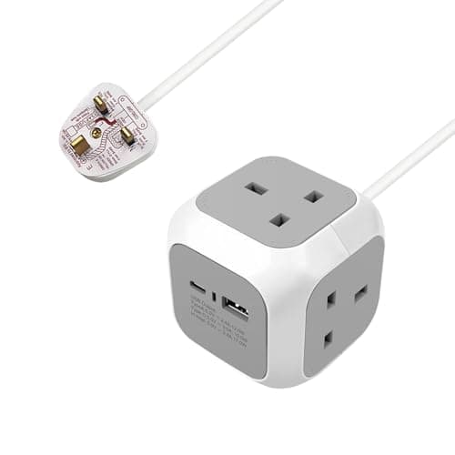 EXTRASTAR 4 Way Cube Extension Lead 1.5M, Power Cube Usb C 3120W, Cube Plug Extension with 2 Usb Ports(5V/3.4A) for Home Office Dorm and Travel - Grey