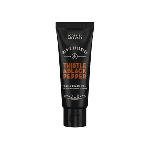 Scottish Fine Soaps Men's Grooming Thistle & Black Pepper Face & Beard Wash 75ml – Travel Size Gentle Cleanser with Lactic Acid and Spicy Amber Notes