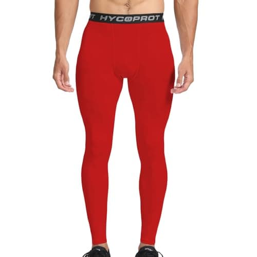 HYCOPROT Men's Running Leggings Compression Trousers Athletic Tight Base Layer Pants for Workout Sports Yoga Basketball (Red, L) — view 2