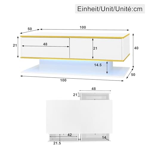 BTM Modern LED Coffee Table with High-Gloss Finish, 100 cm Length, Gold Accents, 3 Drawers & USB LED Light Strip (Adapter/Power Bank Required), White — view 2