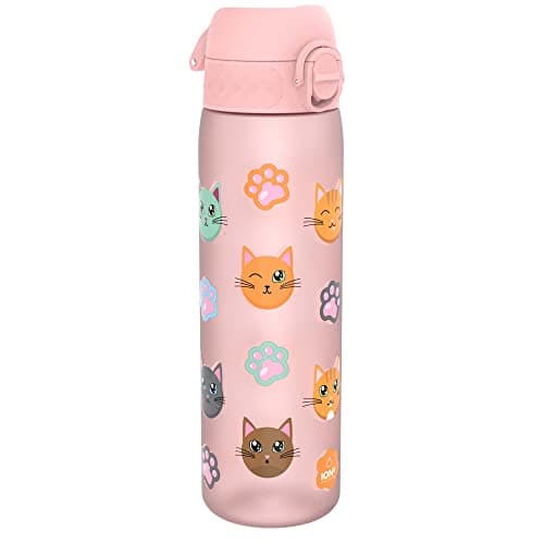 Ion8 Water Bottle, 500ml/18oz, Slim Leak Proof & BPA-Free Drinking Bottle, Secure Lock Prevents Spills, Dishwasher Safe, Carry Handle, Ideal for Adults & Kids - Travel, Gym & School, Cats