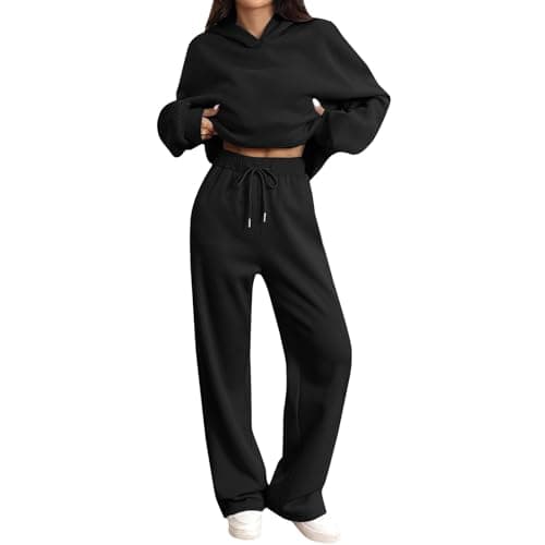 Tracksuit Womens Full Set Oversized 2 Piece Outfits Long Sleeve Hoodie and Sweatpants Women Lounge Wear Sets Fashion Sweatsuits Wide Leg Jogger Loose Loungewear Gym Fitness Activewear Set Black XL