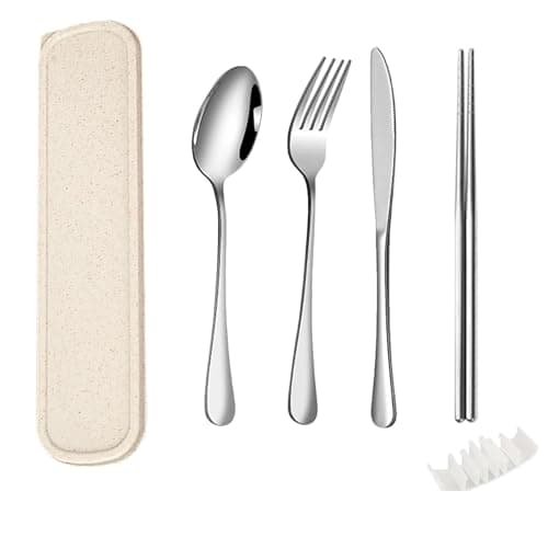 QZLSAYSL Camping Cutlery Metal,Travel Knife and Fork Set,7-Piece (Beige)