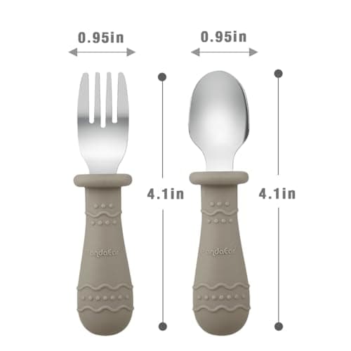 PandaEar 6 Pack Toddler Cutlery Set| Baby Fork and Spoon Set| Stainless Steel Childrens Kids Cutlery| Baby Cutlery Self Feeding 12 Months Plus with Silicone Holding Anti-Choke Design (Blue/Brown/Red) — view 4