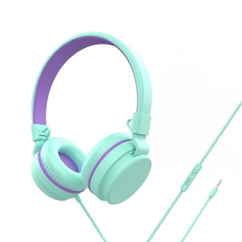 Kids Headphones Wired,On-Ear Wired Headphones for School,Safe Volume Limited 85/94dB,HD Mic Stereo Sound Girls Boys Wired Headphone for Kids,Foldable Headset for Travel Computer Plane Tablet (Green)