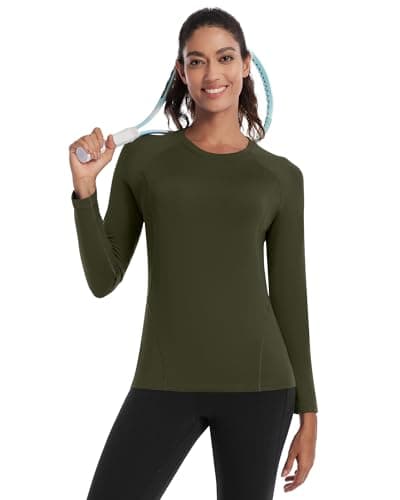 Runhit Thermal Tops Womens Long Sleeve Fleece Lined Compression Shirt Soft Warm Base Layer Moisture Wicking Sports Underwear for Ski, Running Gym Workout Army Green M — view 3