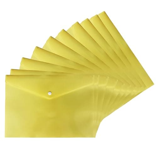 M1SS Pack of 10 Plastic Wallets A4 [33 x 23cm] Waterproof Plastic Folders for Documents Yellow Popper Wallet A4 with Snap Button for Home, Office, School and Travel Stationary Paper Filing (Yellow)