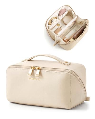 BAGSMART Large Travel Makeup Cosmetic Bag, Lay Flat, Clear Brush Pocket