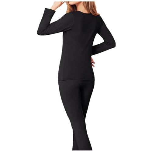 Women's Thermal Sets Crew Neck Top & Bottom Ultra Thin Underwear Black XL — view 5