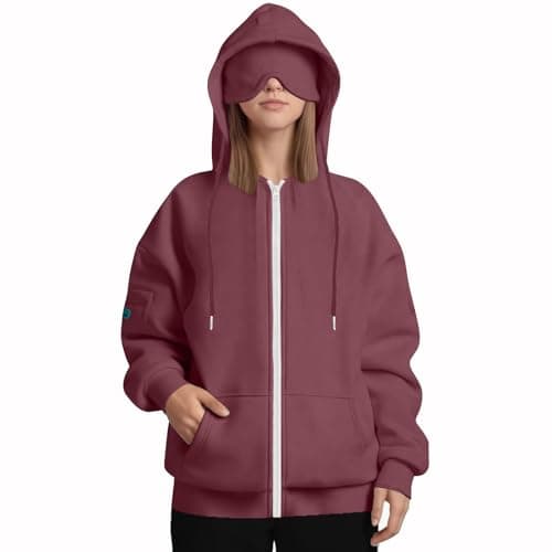 AMhomely Women's Hoodies Travel Hoodie with Eye Mask Built in Ladies Plain Zip Up Hoodie Womens Fleece Hooded Top Long Sleeves Front Pockets Soft Stretchable Comfortable Plus Sizes Wine — view 5
