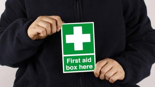 First aid box here - safety sign - AED sign, first aid stickers, first aid kit - 1.2mm Rigid plastic for indoor/outdoor usage (150mm x 100mm) Viewing Distance within 3m. — view 3