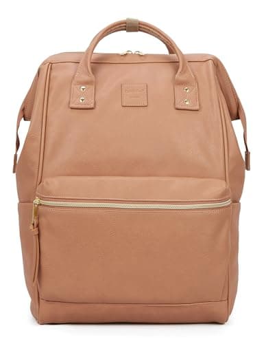 Kah&Kee Leather Laptop Backpack for Women, 14-15 Inch Professional Work Bag, Water-Resistant Vegan Leather Doctor Bag Backpack for Teacher, Nurse & Travel, Fits MacBook Pro 15 (Tan Pink,Medium)