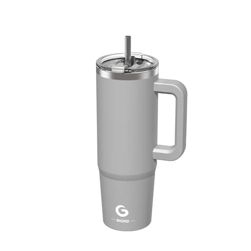 BIGRD 890ml Insulated Coffee Cup Travel Mug Double-Walled Stainless Steel Vacuum Leak-Proof Drinking Cup with Handle and Straw Thermal Tumbler,Grey