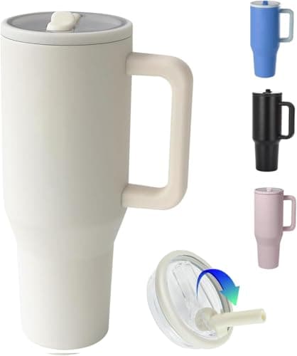 ZHUIYIWIN Tumbler with Folding Straw and Handle, Water Bottle Coffee Cup Travel Mug for Cold or Hot Drinks, Double Wall Stainless Steel Vacuum Insulated Tumbler (White, 1180 ml)