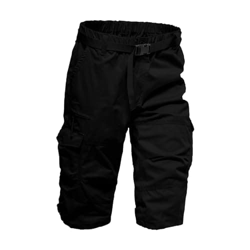 3/4 Trousers Men's Cargo Trousers Men's Bermuda Shorts Multi Pockets Summer Shorts Polyester Cotton Work Trousers Elastic Waistband Casual Outdoor Work Shorts Vintage Breathable Leisure Shorts, black — view 3