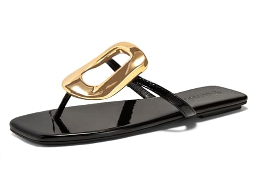 Coutgo Womens Flat Sandals Flip Flops Comfortable Slide Sandals Summer Beach Shoes with Metal Decoration Black 80