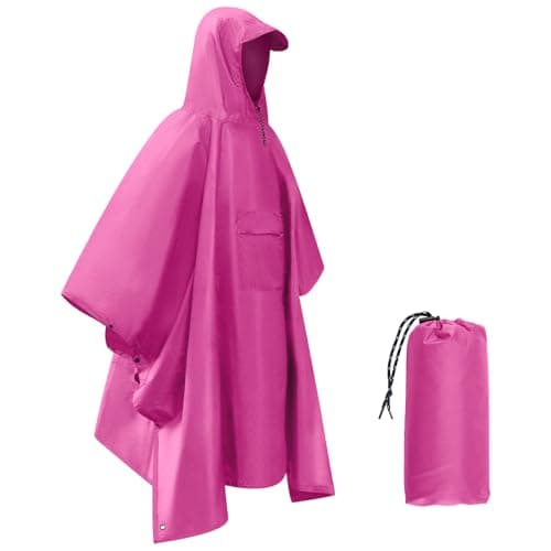 Dr.Fish Waterproof Rain Poncho for Adults, Lightweight Hooded Rain Coat Jacket with Pockets, Breathable Ripstop Rainwear for Hiking Camping Cycling, Packable with Storage Bag Pink