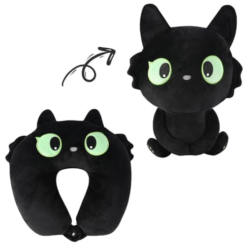 Alaoo Cute Neck Pillow, Deformable U-shaped Pillow with Animal, 2-in-1 Deformable Neck Pillows Play Companion for Adults, Kids, Children in Home, Office, Camping, Travelling, Sleeping, Black Cat