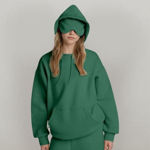Travel Hoodie with Eye Mask Built-in Oversized Airplane Hoodie Long Sleeve Sweatshirt Pullover Solid Color Comfort Hoodies for Women Uk Autumn Winter Thermal Tops Streetwear Casual Fashion — view 3