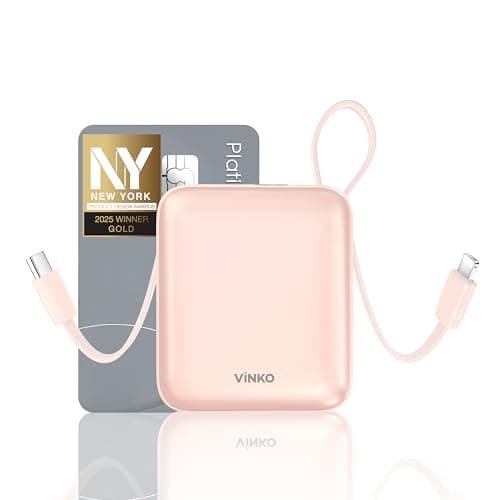 VINKO Small Power Bank with Built-in Cable,10000mAh Fast Charging Power Bank, 22.5W USB C Portable Charger, Mini Battery Pack for iPhone 16 15 14 13 Samsung Galaxy Google Android (Pink)