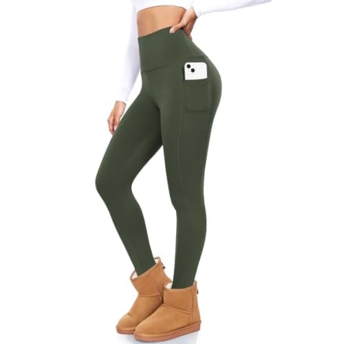 BLONGW Women's Fleece Lined Leggings High Waist Thermal Green with Pockets, Ladies Winter Warm Fur Lined Stretchy Yoga Pants Tights